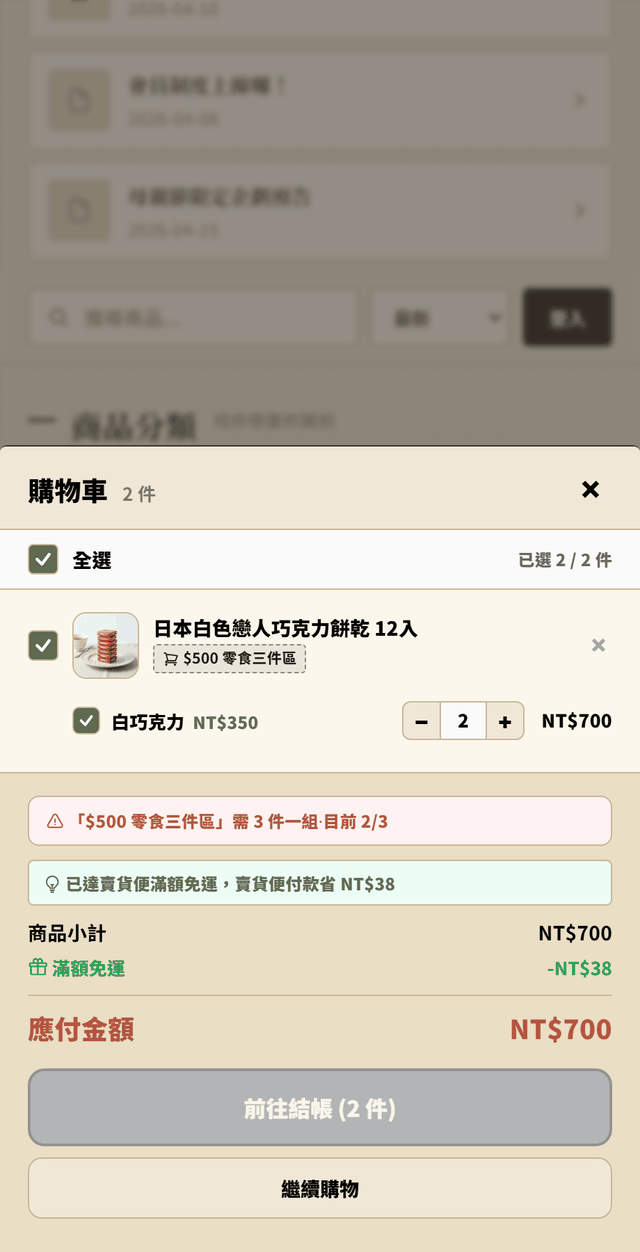 購物車抽屜：商品列標著 $500 零食三件區，紅色警示「需 3 件一組ᐧ目前 2/3」，前往結帳按鈕呈灰色停用