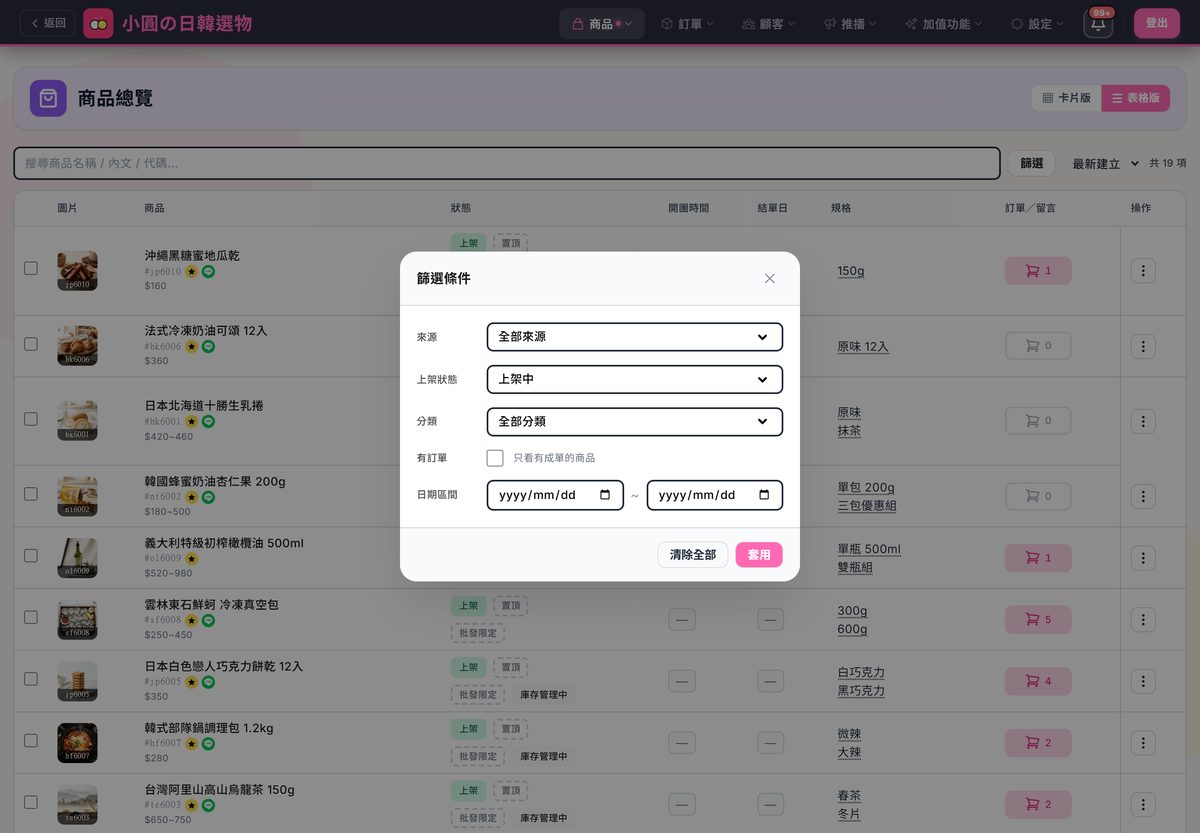 篩選條件視窗：來源、上架狀態、分類、只看有成單的商品、日期區間，下方清除全部與套用兩顆鈕